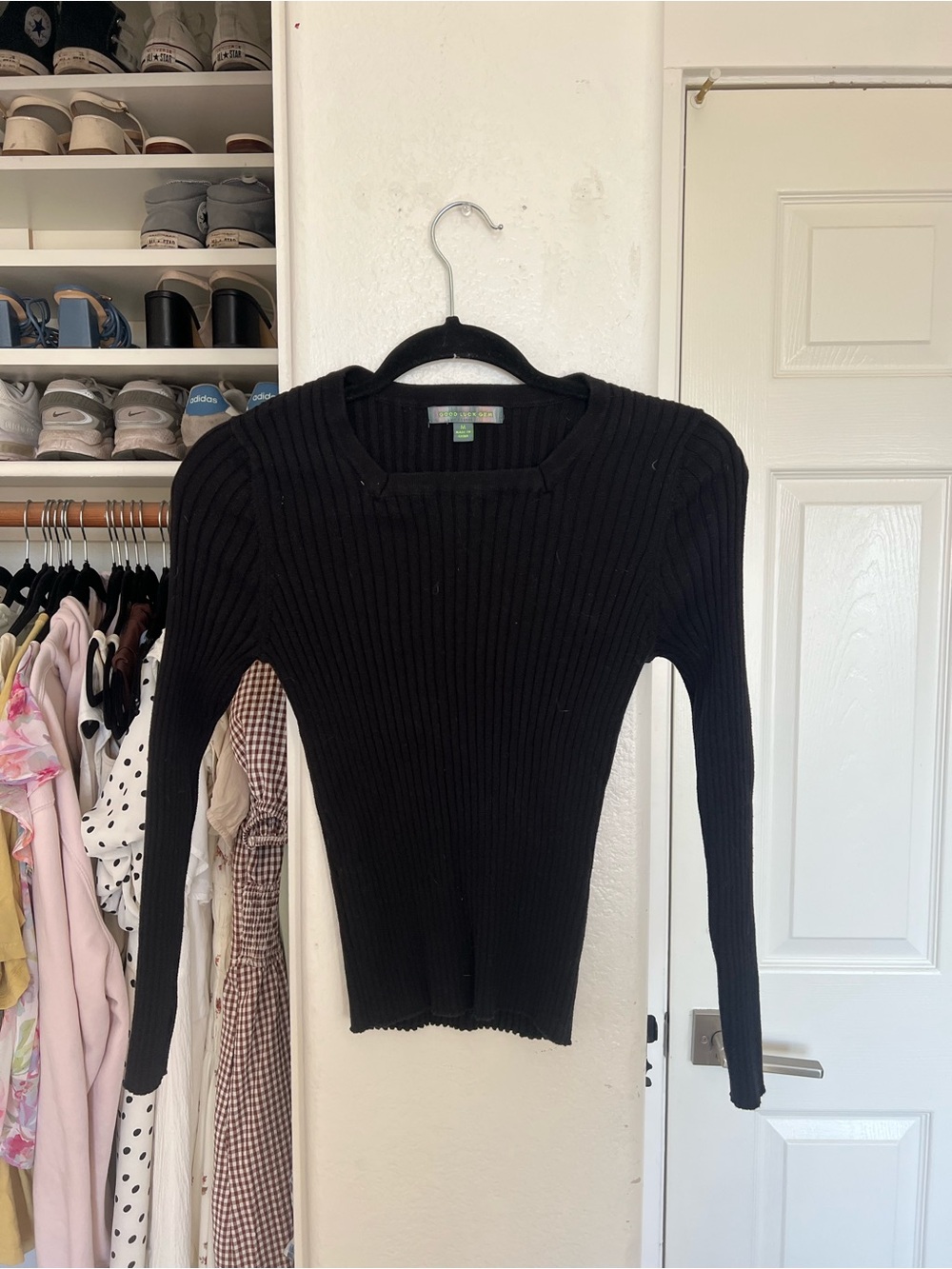 Good Luck Gem Black Ribbed Scoop-Neck Sweater